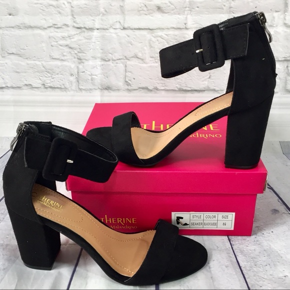 New black vegan suede ankle strap chunky heel - Picture 4 of 6